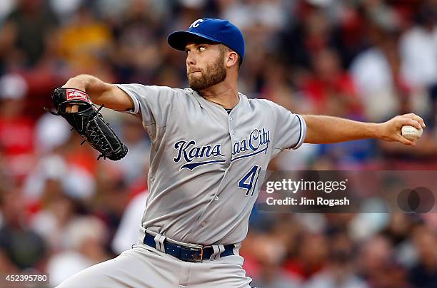 Danny Duffy of the Kansas City Royals throws against the Boston Red Sox in the first inning at Fenway Park on July 19, 2014 in Boston, Massachusetts.
