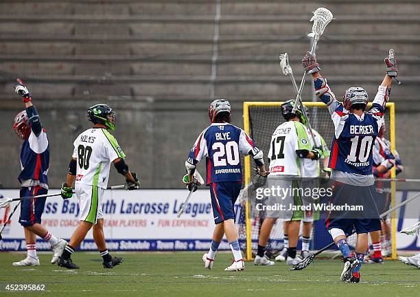 Stephen Berger of the Boston Cannons celebrates his teams goal in the first half against the New York Lizards during the game at Harvard Stadium on...