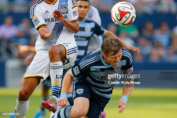 Andy Gruenebaum of Sporting KC attempts to deflect the ball into the Los Angeles Galaxy goal early in the second half on July 19, 2014 at Sporting...