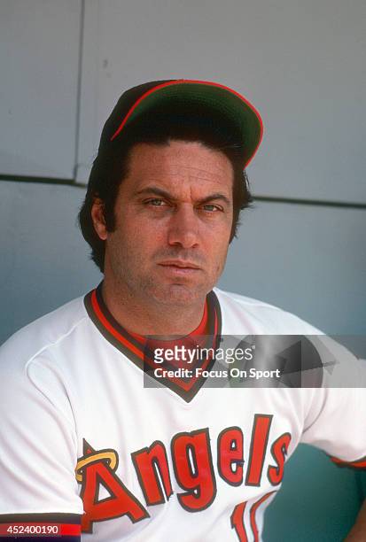 Manager Jim Fregosi of the California Angels looks on from the dugout during an Major League Baseball game circa 1981 at Anaheim Stadium in Anaheim,...