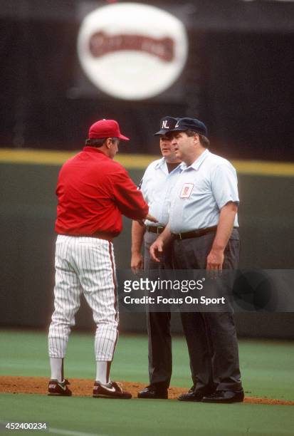 Manager Jim Fregosi of the Philadelphia Phillies argues with an umpire during a Major League Baseball game circa 1991 at Veterans Stadium in...