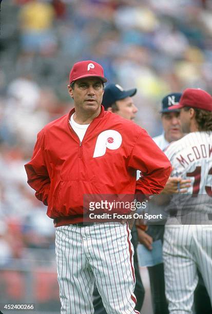 Manager Jim Fregosi of the Philadelphia Phillies looks on during an Major League Baseball game circa 1991 at Veterans Stadium in Philadelphia,...