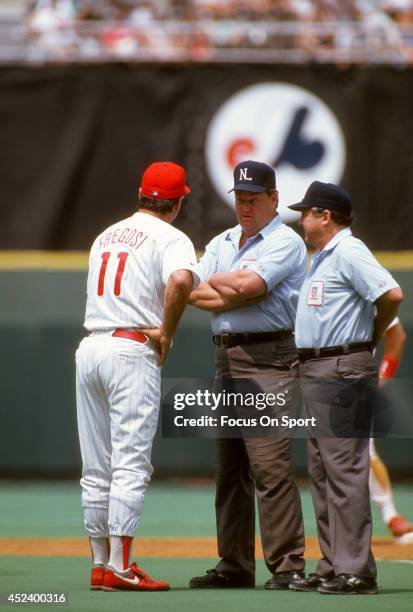 Manager Jim Fregosi of the Philadelphia Phillies argues with an umpire during a Major League Baseball game circa 1992 at Veterans Stadium in...