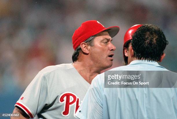 Manager Jim Fregosi of the Philadelphia Phillies argues with an umpire during an Major League Baseball game circa 1993. Fregosi managed the Phillies...