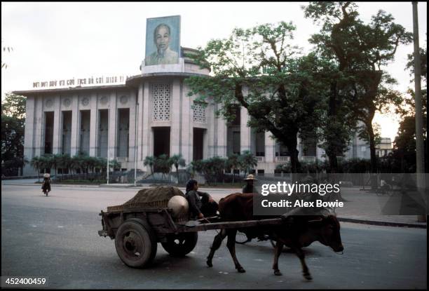 Bullock cart loaded with sand rolls past a portrait of Ho Chi Minh atop the opera house as the sun rises over Hanoi, 25th May 1983.