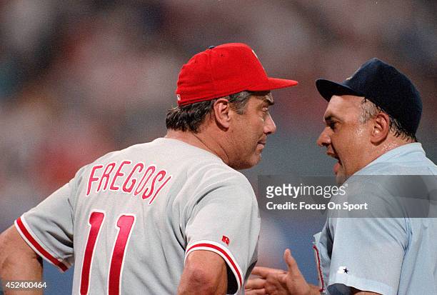 Manager Jim Fregosi of the Philadelphia Phillies argues with an umpire during an Major League Baseball game circa 1993. Fregosi managed the Phillies...