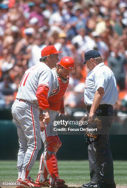 Manager Jim Fregosi of the Philadelphia Phillies argues with an umpire during an Major League Baseball game against the the San Francisco Giants...