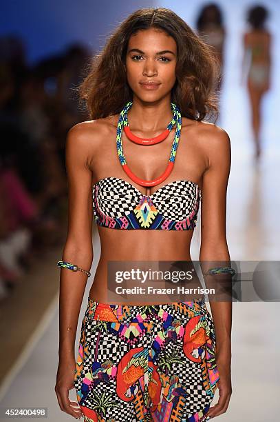 Model walks the runway at the Mara Hoffman Swim fashion show during Mercedes-Benz Fashion Week Swim 2015 at Cabana Grande at The Raleigh on July 19,...