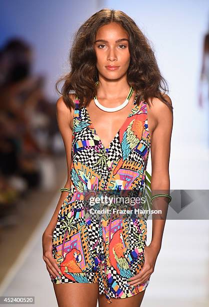 Model walks the runway at the Mara Hoffman Swim fashion show during Mercedes-Benz Fashion Week Swim 2015 at Cabana Grande at The Raleigh on July 19,...