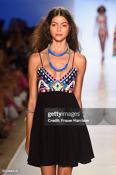 Model walks the runway at the Mara Hoffman Swim fashion show during Mercedes-Benz Fashion Week Swim 2015 at Cabana Grande at The Raleigh on July 19,...