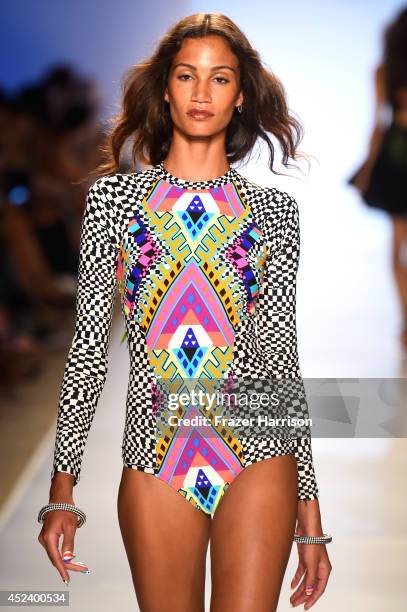 Model walks the runway at the Mara Hoffman Swim fashion show during Mercedes-Benz Fashion Week Swim 2015 at Cabana Grande at The Raleigh on July 19,...