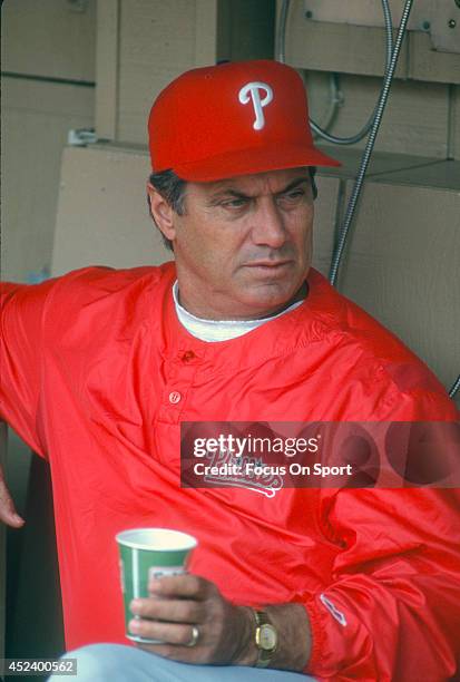 Manager Jim Fregosi of the Philadelphia Phillies looks on from the dugout prior to the start of a Major League Baseball game circa 1993. Fregosi...