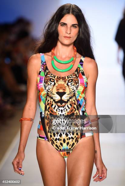 Model walks the runway at the Mara Hoffman Swim fashion show during Mercedes-Benz Fashion Week Swim 2015 at Cabana Grande at The Raleigh on July 19,...