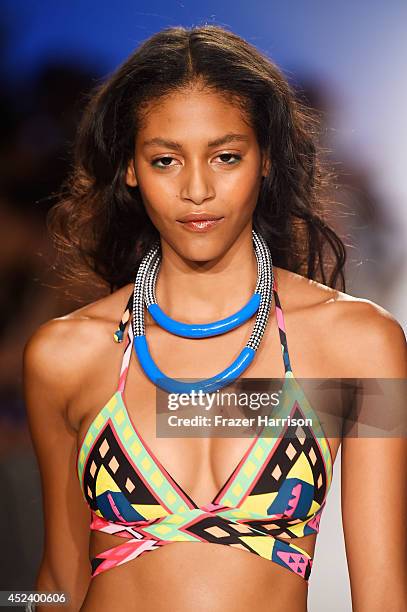 Model walks the runway at the Mara Hoffman Swim fashion show during Mercedes-Benz Fashion Week Swim 2015 at Cabana Grande at The Raleigh on July 19,...