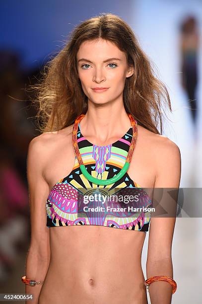 Model walks the runway at the Mara Hoffman Swim fashion show during Mercedes-Benz Fashion Week Swim 2015 at Cabana Grande at The Raleigh on July 19,...