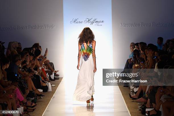 Model walks the runway at the Mara Hoffman Swim fashion show during Mercedes-Benz Fashion Week Swim 2015 at Cabana Grande at The Raleigh on July 19,...