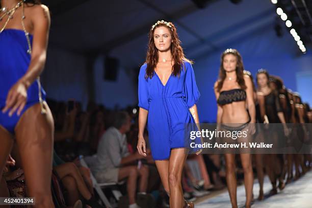 Models walk the runway at the L*Space By Monica Wise fashion show during Mercedes-Benz Fashion Week Swim 2015 at The Raleigh on July 19, 2014 in...