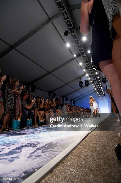 Models walk the runway at the L*Space By Monica Wise fashion show during Mercedes-Benz Fashion Week Swim 2015 at The Raleigh on July 19, 2014 in...