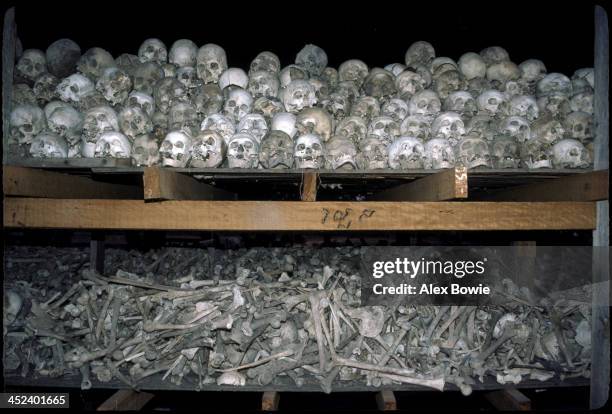 Human remains excavated from the Killing Fields at Choeung Ek outside Phnom Penh where many Cambodians were executed by the Khmer Rouge and buried in...