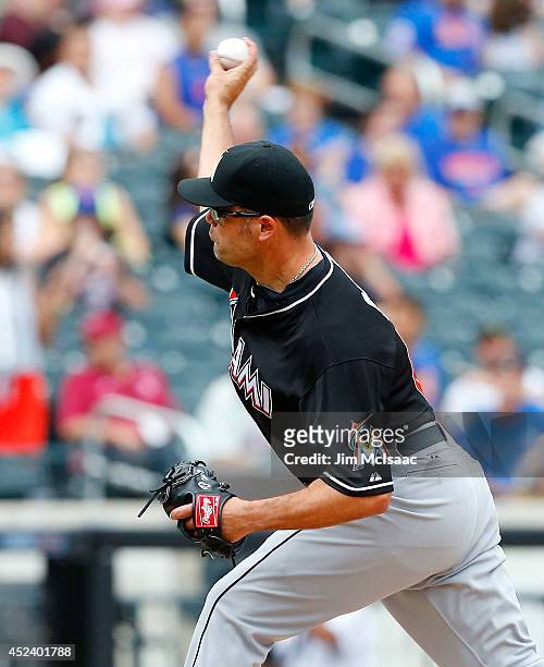 Kevin Gregg of the Miami Marlins in action against the New York Mets at Citi Field on July 13, 2014 in the Flushing neighborhood of the Queens...