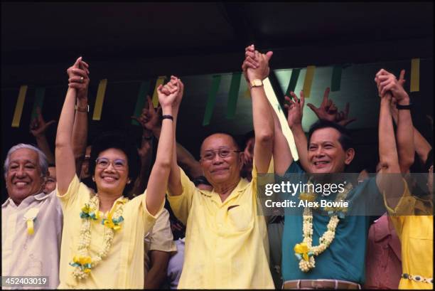 Cory Aquino and Salvador 'Doy' Laurel campaign against incumbent Philippine President Ferdinand Marcos in the presidential 'snap' elections in...