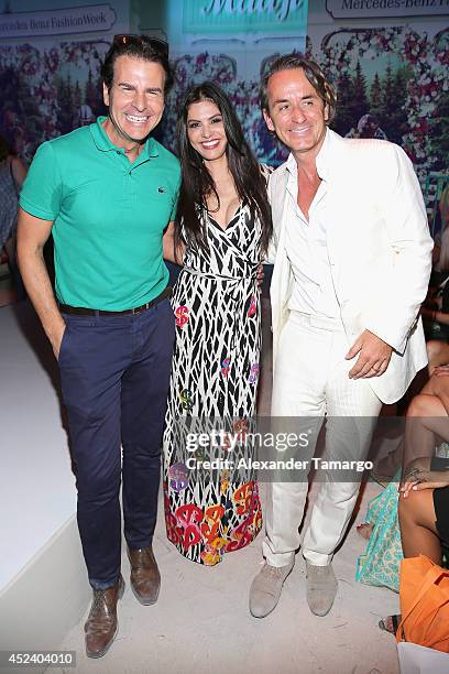 Vincent De Paul, Adriana de Moura, and Frederic Marq attend the Maaji show during Mercedes-Benz Fashion Week Swim 2015 at The Raleigh on July 19,...