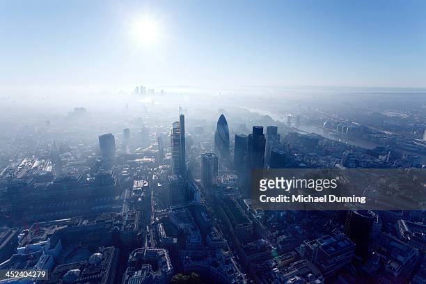 london aerial view at dawn - aerial view london stock-fotos und bilder