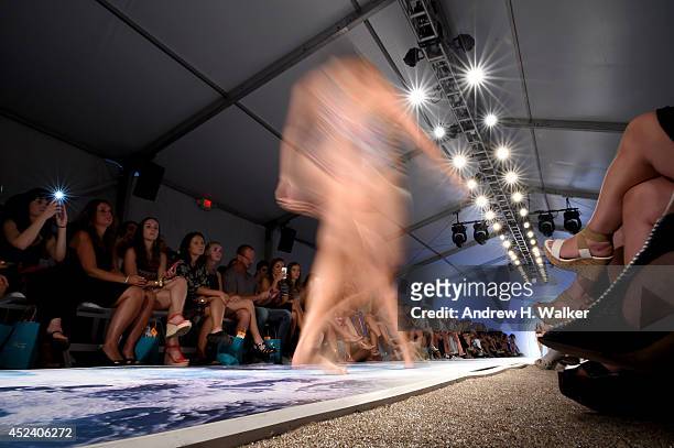 Model walks the runway at the L*Space By Monica Wise show during Mercedes-Benz Fashion Week Swim 2015 at The Raleigh on July 19, 2014 in Miami Beach,...