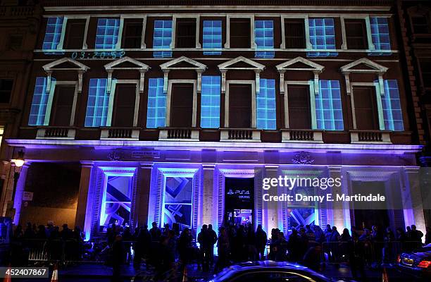 General view of the PS4 lounge in Covent Garden at night, lit up with projections, ahead of the launch of the Playstation 4, on November 28, 2013 in...