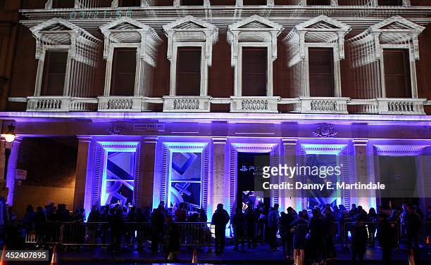 General view of the PS4 lounge in Covent Garden at night, lit up with projections, ahead of the launch of the Playstation 4, on November 28, 2013 in...