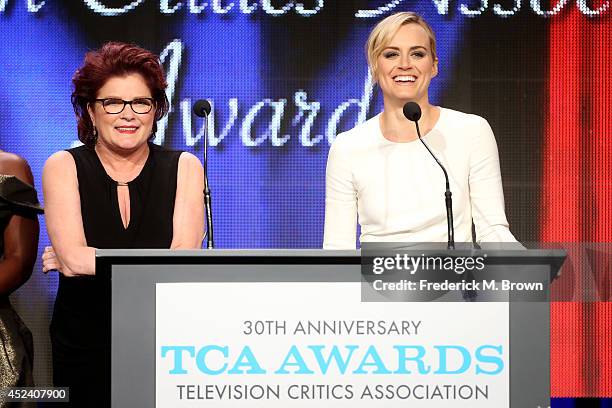 Actors Kate Mulgrew and Taylor Schilling accept the award for 'Outstanding New Program' for "Orange Is The New Black" onstage during the 30th Annual...