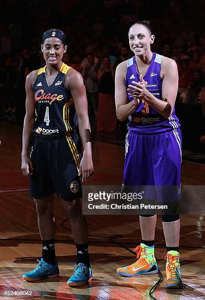 Western Conference All-Stars Skylar Diggins of the Tulsa Shock and Diana Taurasi of the Phoenix Mercury are introduced to the WNBA All-Star Game at...