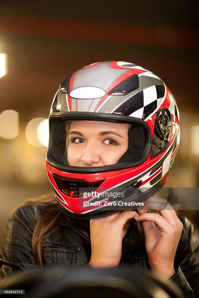 Close up of young woman on go cart
