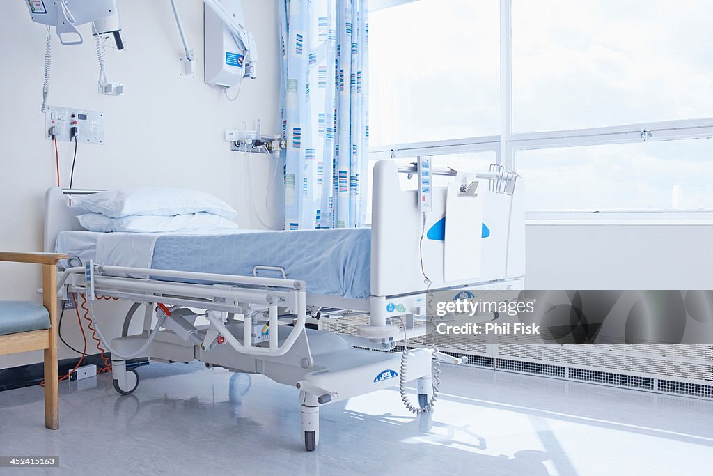 Empty hospital bed on hospital ward