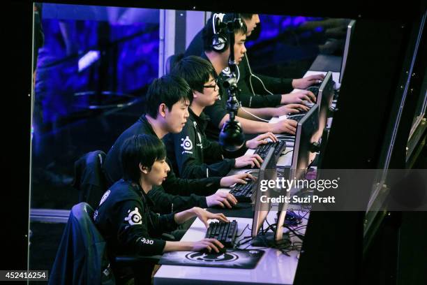 Ferrari_430, YYF, and Faith of Invictus Gaming compete at The International DOTA 2 Champsionships at Key Arena on July 19, 2014 in Seattle,...