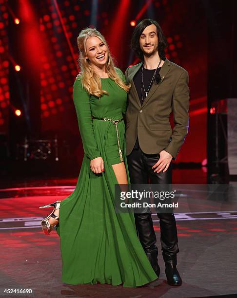 Anja Nissen and Frank Lakoudis pose during a media call with the final five contenstants and their coaches from The Voice at Fox Studios on July 20,...