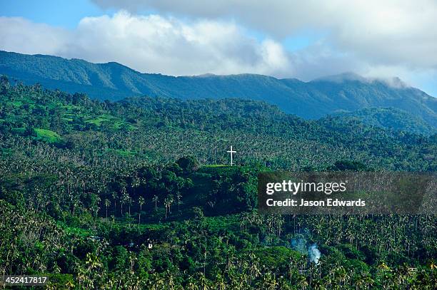 a crucifix on a lush hillside surrounded by palm tree plantations. - fiji jungle stock pictures, royalty-free photos & images