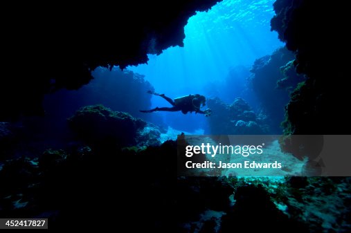 A scuba diver exploring an underwater cave in a tropical coral reef. A scuba diver exploring an underwater cave in a tropical coral reef.