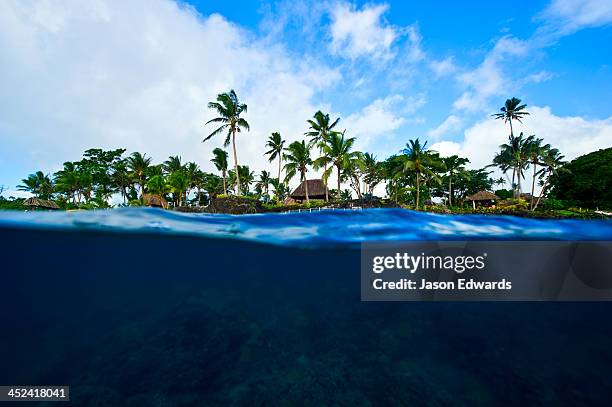 a coral reef lines the shore beneath a tropical island resort. - fiji stockfoto's en -beelden