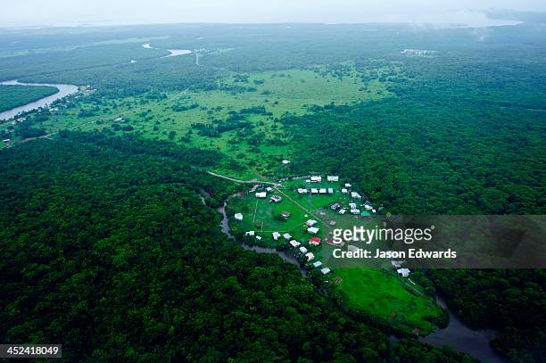 a small village and farmland surrounded by tropical rainforest. - fiji jungle stock pictures, royalty-free photos & images