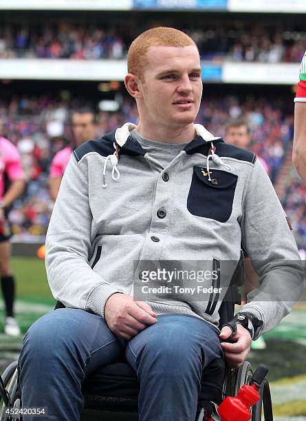 Alex McKinnon before the start of the match at the Rise for Alex fund raiser during the round 19 NRL match between the Newcastle Knights and Gold...