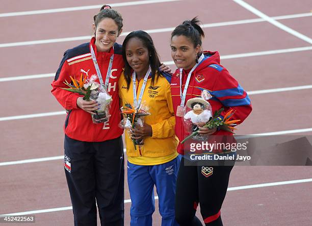 Javiera Errazuriz of Chile , Deiscy Moreno of Colombia and Magdalena Mendoza of Venezuela in the medal ceremony of women's 400m hurdles as part of...