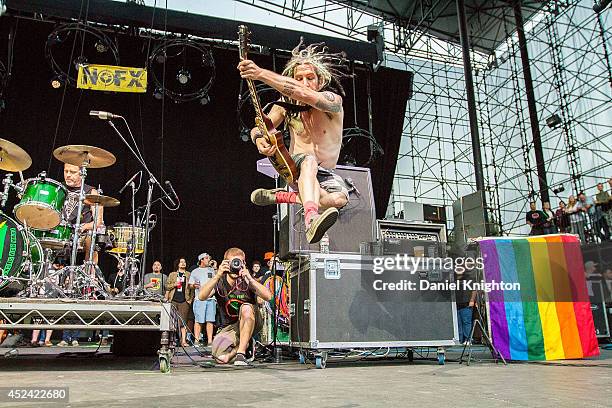 Musician Eric Melvin of NOFX performs on stage at Verizon Wireless Amphitheater on July 19, 2014 in Irvine, California.