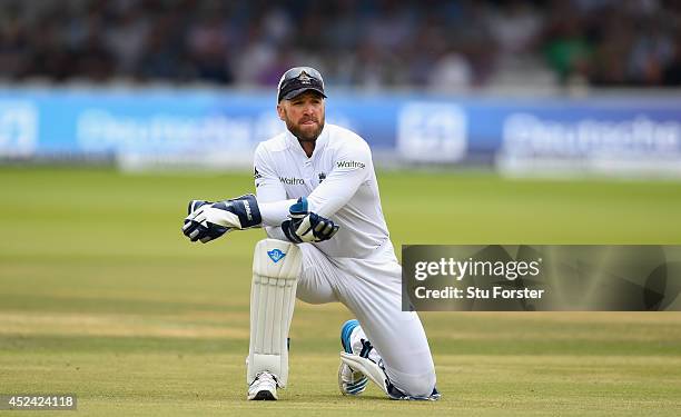 England wicketkeeper Matt Prior looks on after conceding four byes during day four of 2nd Investec Test match between England and India at Lord's...