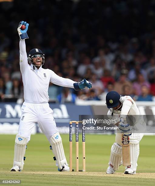 England wicketkeeper Matt Prior celebrates after catching India batsman Mohammed Shami during day four of 2nd Investec Test match between England and...