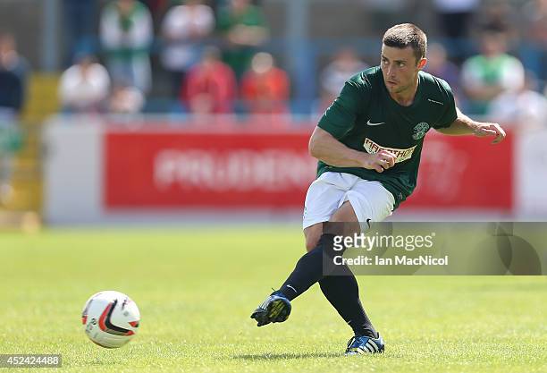 Lewis Stevenson of Hibernian passes the ball during the Pre Season Friendly match between Stirling Albion and Hibernian at Forthbank Stadium on July...