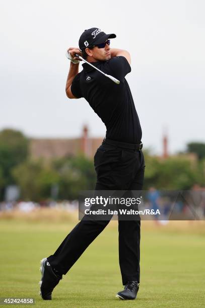 Adam Scott of Australia hits his second shot on the fifth hole during the final round of The 143rd Open Championship at Royal Liverpool on July 20,...