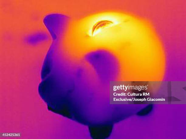 thermal photograph of piggy bank with coin - glow rm fotografías e imágenes de stock