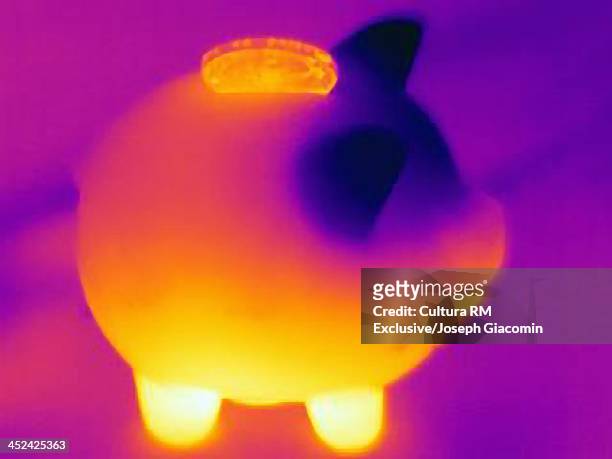 thermal photograph of piggy bank with coin - glow rm fotografías e imágenes de stock