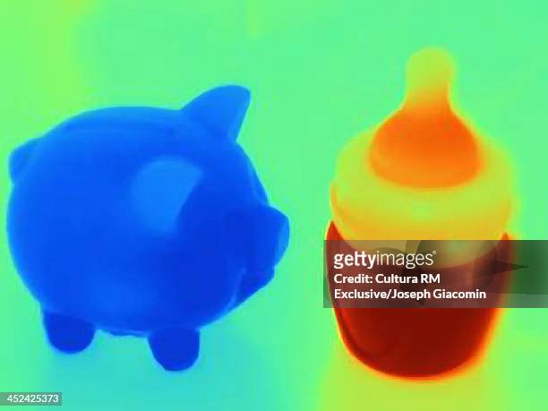 thermal photograph of piggy bank and of a baby bottle full of milk, high cost of raising children - glow rm fotografías e imágenes de stock